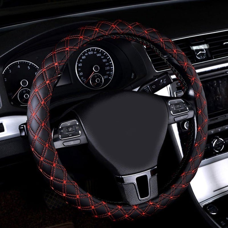 Jonscart 15inch Odorless Quilted Stitching Pattern Leather Car Steering Wheel Cover-Black with red - Image 2